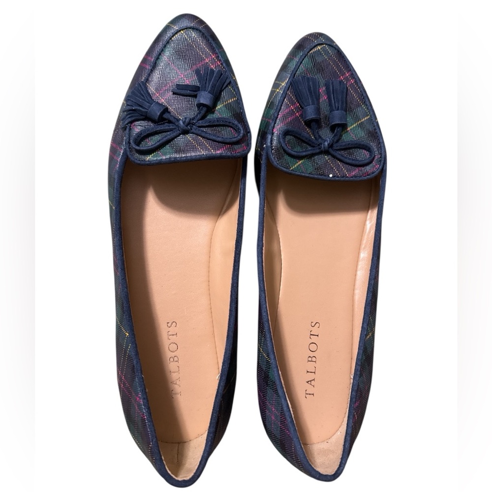 Talbots Navy Plaid Pointed Toe Tassel Flats
